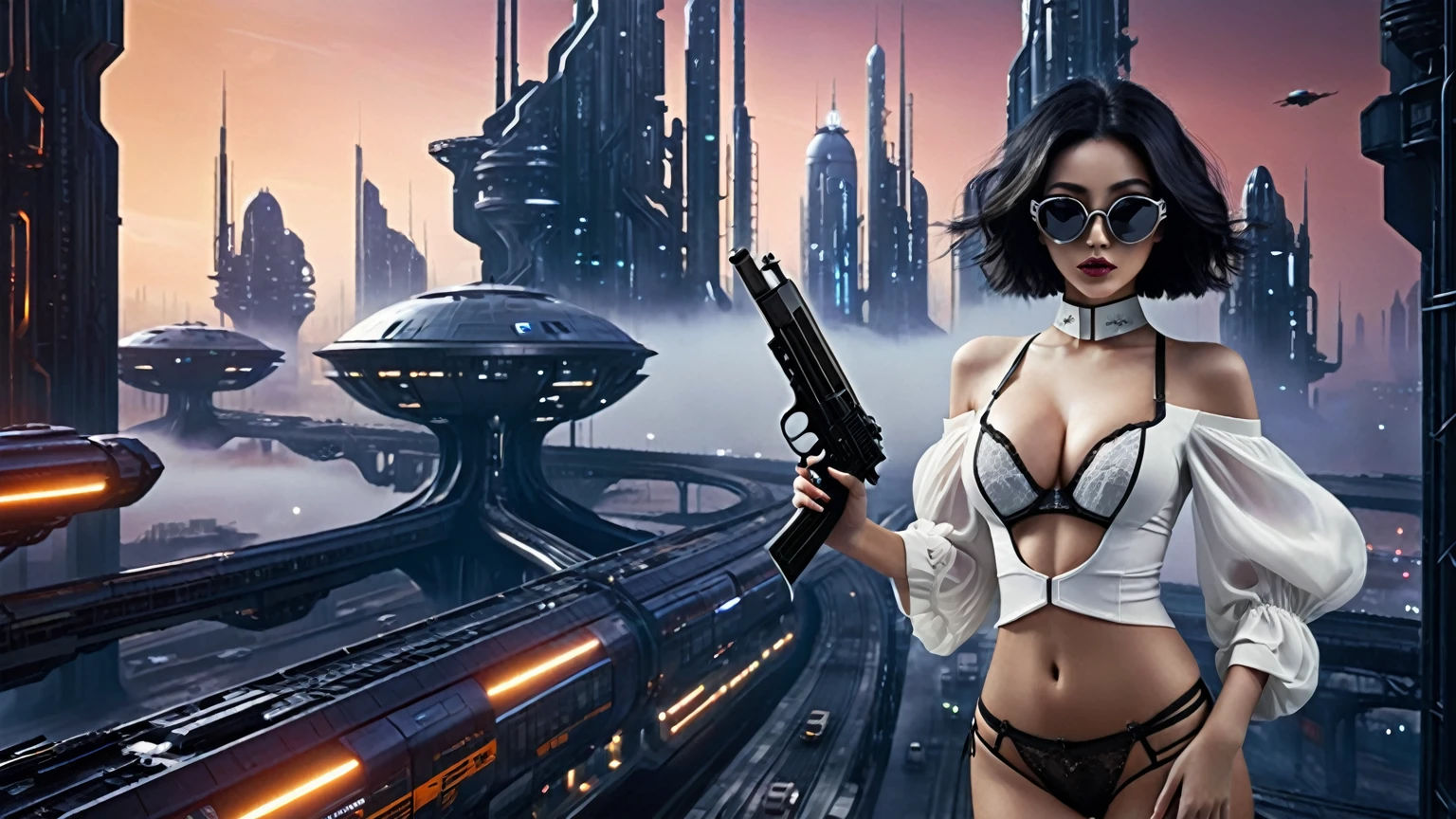at night, ((a large-breast:1.2 lingerie slim:0.6 GIRL with black micro sunglasses)), ((holding a pistol)), aerial view of an ultra-futuristic megalopolis, tall metal buildings and houses in dark colors from dark blue to black, shades of metal gray, smoky metal structures, industrial environment with fog around, dark cars on the streets, desert megalopolis, modern metal rails and trains passing through, ((futuristic space station)), realistic, detailed, sci-fi.