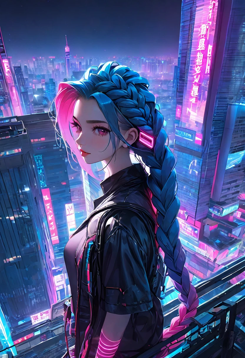 Best work High resolution One beautiful girl City night neon On top of a building Cyberpunk Pink and blue long hair braid