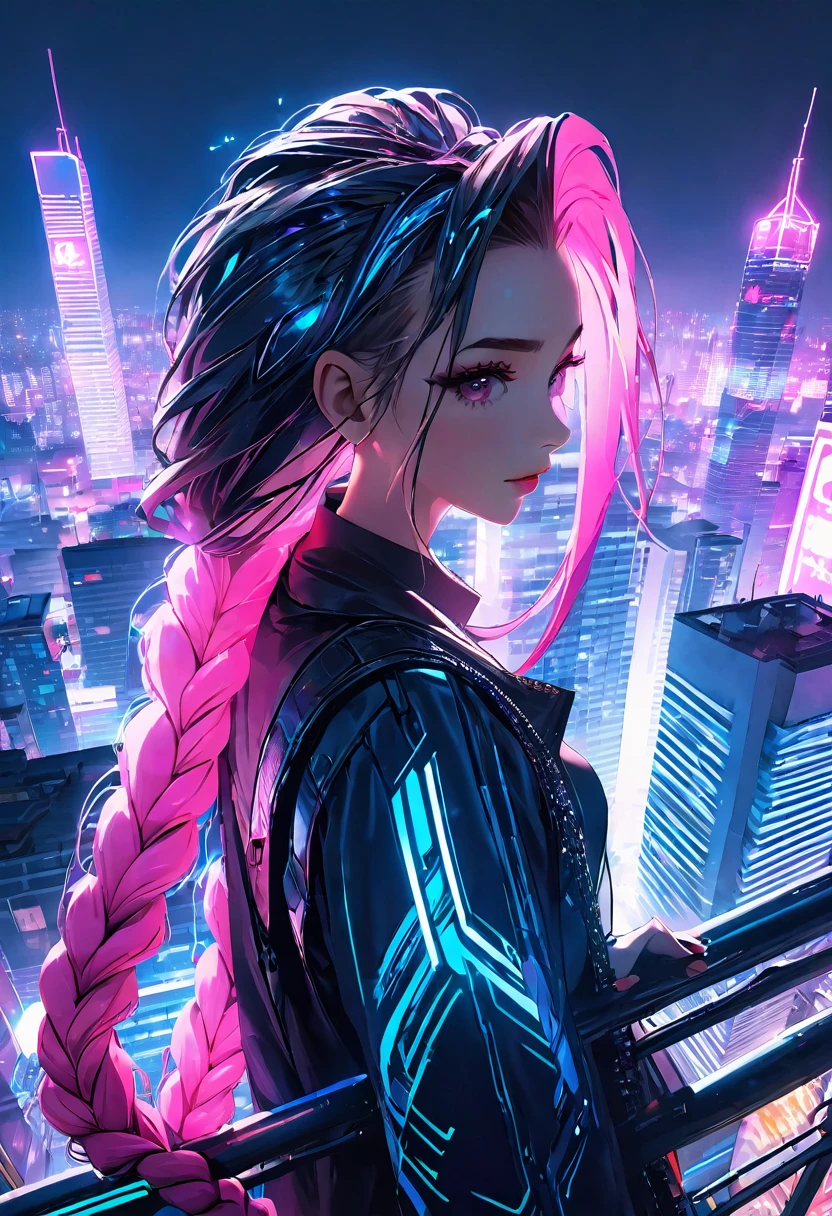 Best work High resolution One beautiful girl City night neon On top of a building Cyberpunk Pink and blue long hair braid