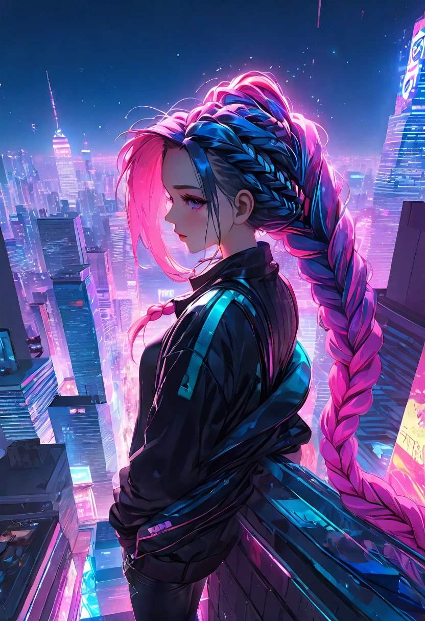 Best work High resolution One beautiful girl City night neon On top of a building Cyberpunk Pink and blue long hair braid