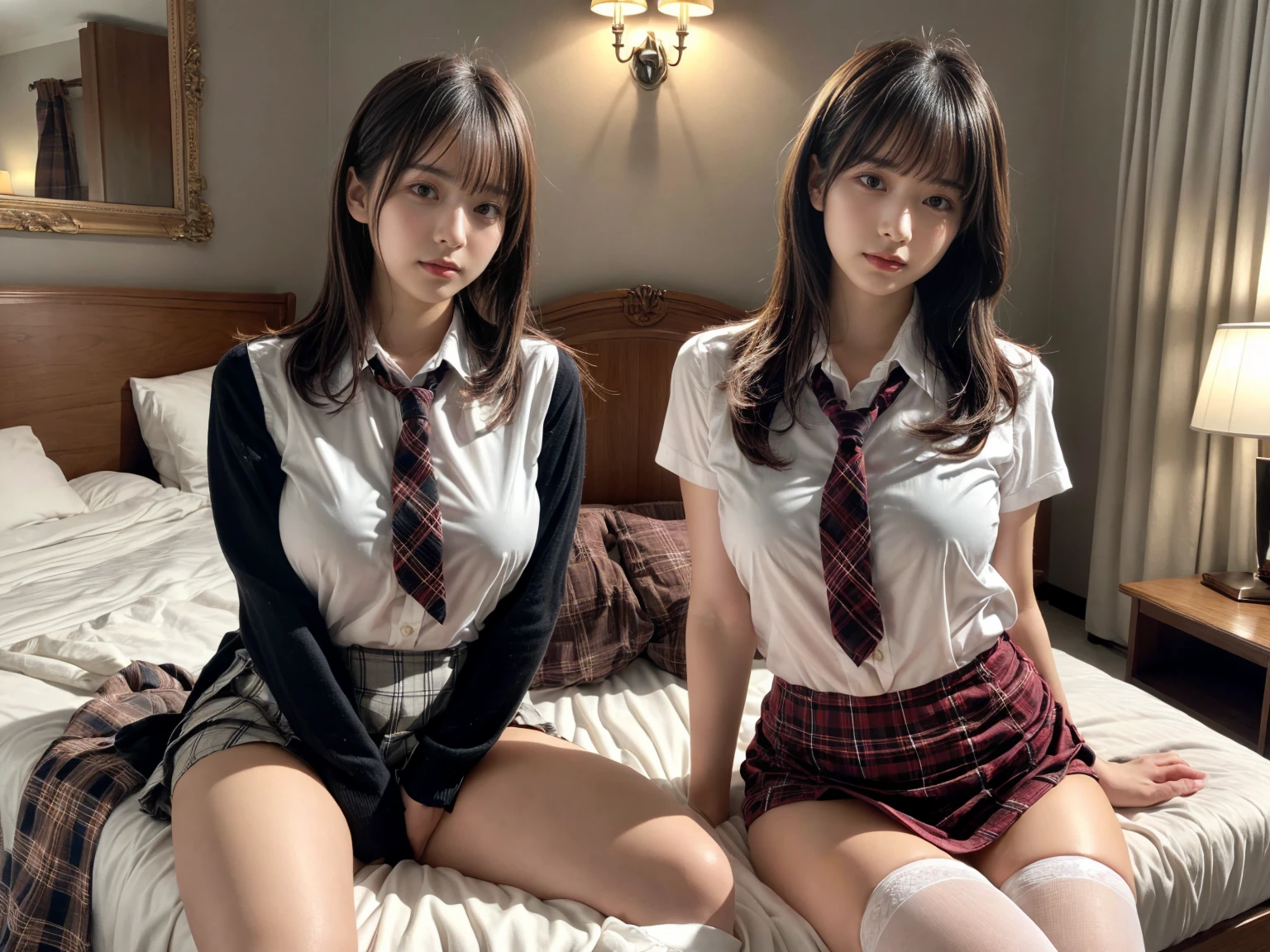 masterpiece, best quality, illustration, Super detailed, fine details, High resolution, 8K,wall paper, perfect dynamic composition,(Details High quality, realistic depiction of eyes:1.3), (2 girls), (white school shirt :1.2), (plaid skirt :1.3), tie black, black thigh-high stockings, sitting, open legs, short bob hair, in a hotel room in the background, deep on field, large breasts, black hair color, Big Natural Color Lip, (perfect body shape), crying a little、Harajuku style、20 year old girl、cute type、beautiful legs, Gravure Idol