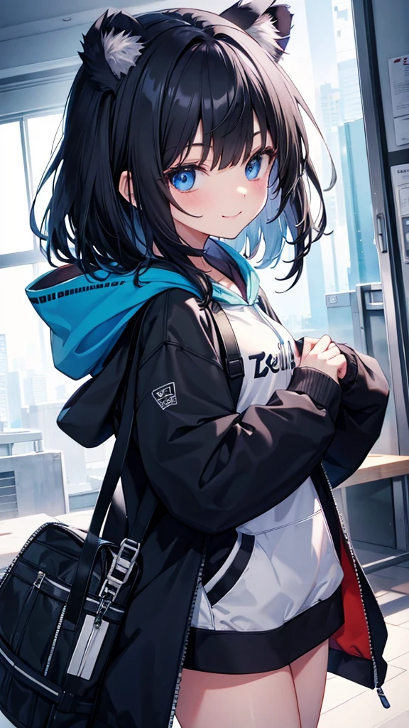 Koala ears hoodie、Black Hair、Medium Hair、blue eyes、Girl Solo, front、High resolution, smile, Character portrait, Setting diagram, anime,
