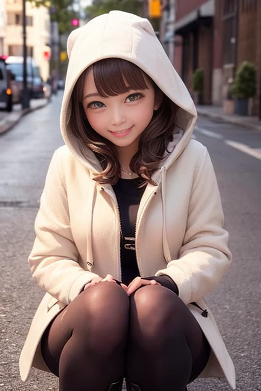 Mini hooded winter coat、black tights、boots、gloves、hat、Cold winter morning、On the road、1 girl、Bob Hair、Medium breast、smile、masterpiece:1.3、Raw photo、Highest quality、