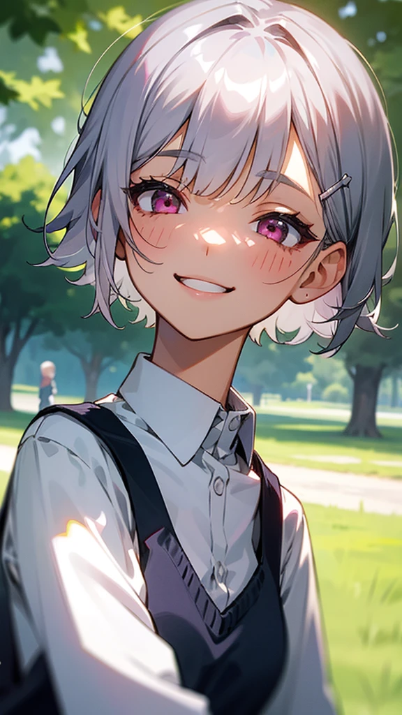 1girl、Short silver bob hair held together with a hair clip, Pink Eyes、Relaxed smile、Laughing with your mouth open、Upper body close-up、Morning Park、Background Blur, The depth of the drawn boundaries