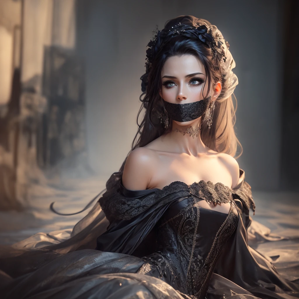 a very beautiful woman in a long ruffled silk dress, tied up and gagged, gr33ns1lk, beautiful detailed eyes, beautiful detailed lips, extremely detailed face, longeyelashes, elegant, graceful, sensual, cinematic lighting, dramatic shadows, highly detailed, photorealistic, 8k, masterpiece, intricate details