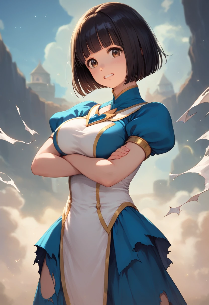 score_9,score_8_up,score_7_up,masterpiece,best quality, source anime, realistic, super detailed, extreme detailed, rating_safe,
1girl, magical girl, violent attacks by the enemy, defensive posture, (torn cloth:1.4), cowboy shot,
BREAK girl, 22yo, short hair, bob cut, (blunt bangs), black hair, (tareme, detailed cute brown eyes), curled eyelashes, (large breasts:0.9),
shiny hair, beautiful detailed eyes, beautiful face,
magical girl costume, costume in white with blue decoration,
painful expression, clenched teeth, enduring, enemy magic effects,
BREAK In a defensive stance against the enemy's magical attack, with arms crossed in front of the body forming an X shape.