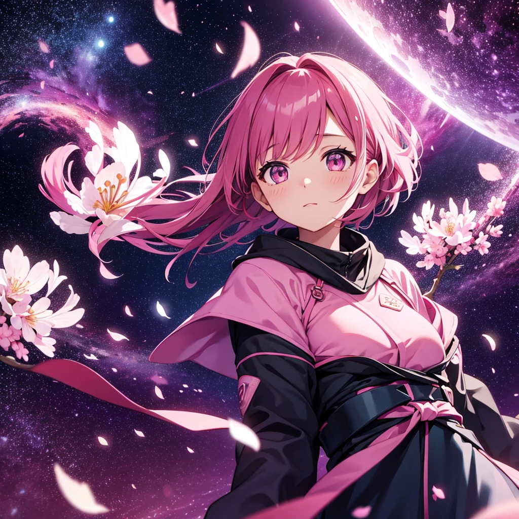 Sky background with sakura petals, space fantasy landscape in dark pink tones. Without a person just a background.