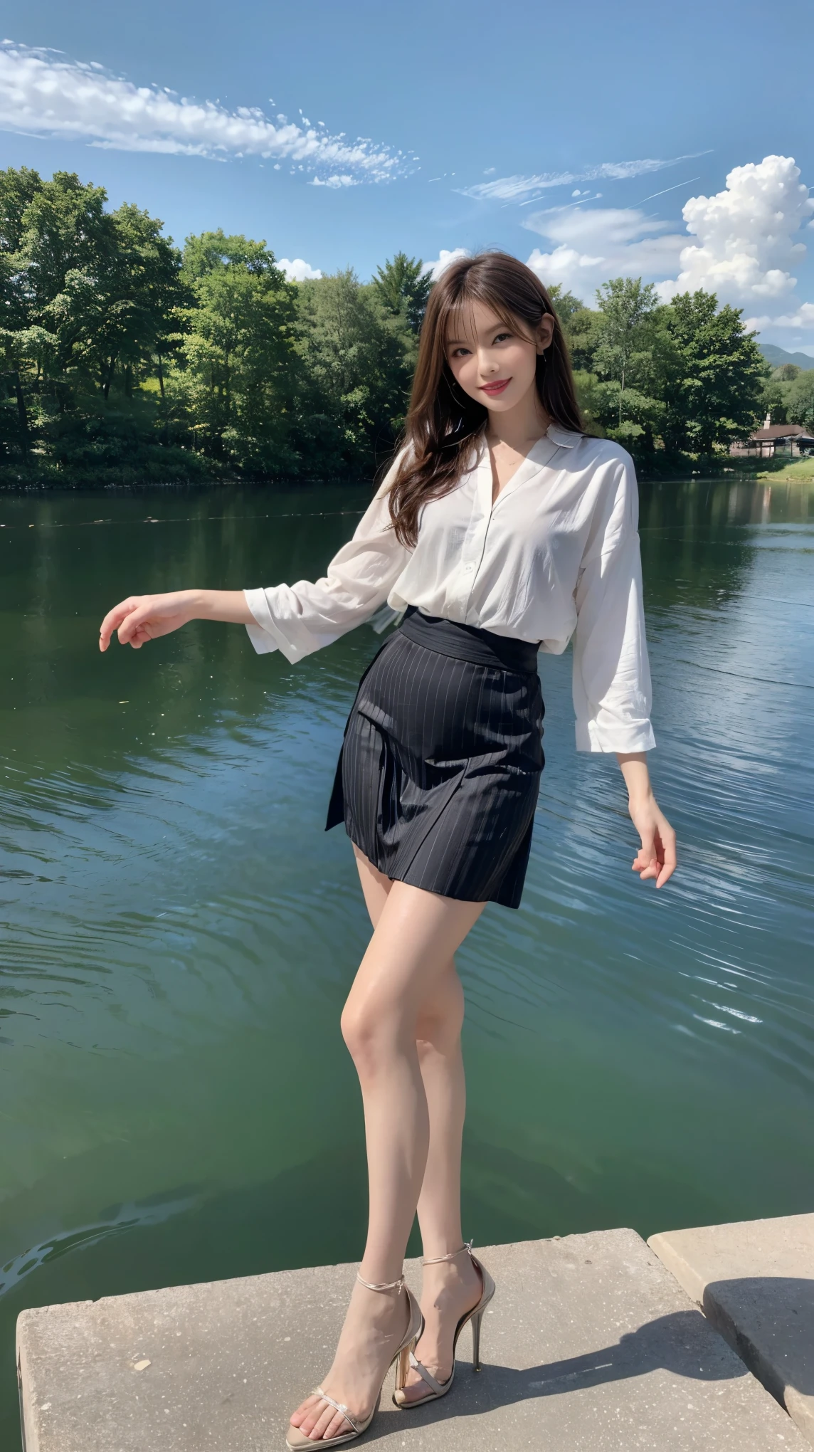 ((masterpiece)),(((Highest quality))),A low-angle shot that highlights her beautiful thighs and crotch:1.5,Long legs,The best smile:1.5,Slim figure:1.5,whole body:1.5,(One Girl:1.3),(Viewer Display:1.4),(Pointy high heels:1.3),(Standing with legs wide apart by the lake:1.2),(Wearing a striped long skirt dress:1.2),Long Curly Hair:1.5,