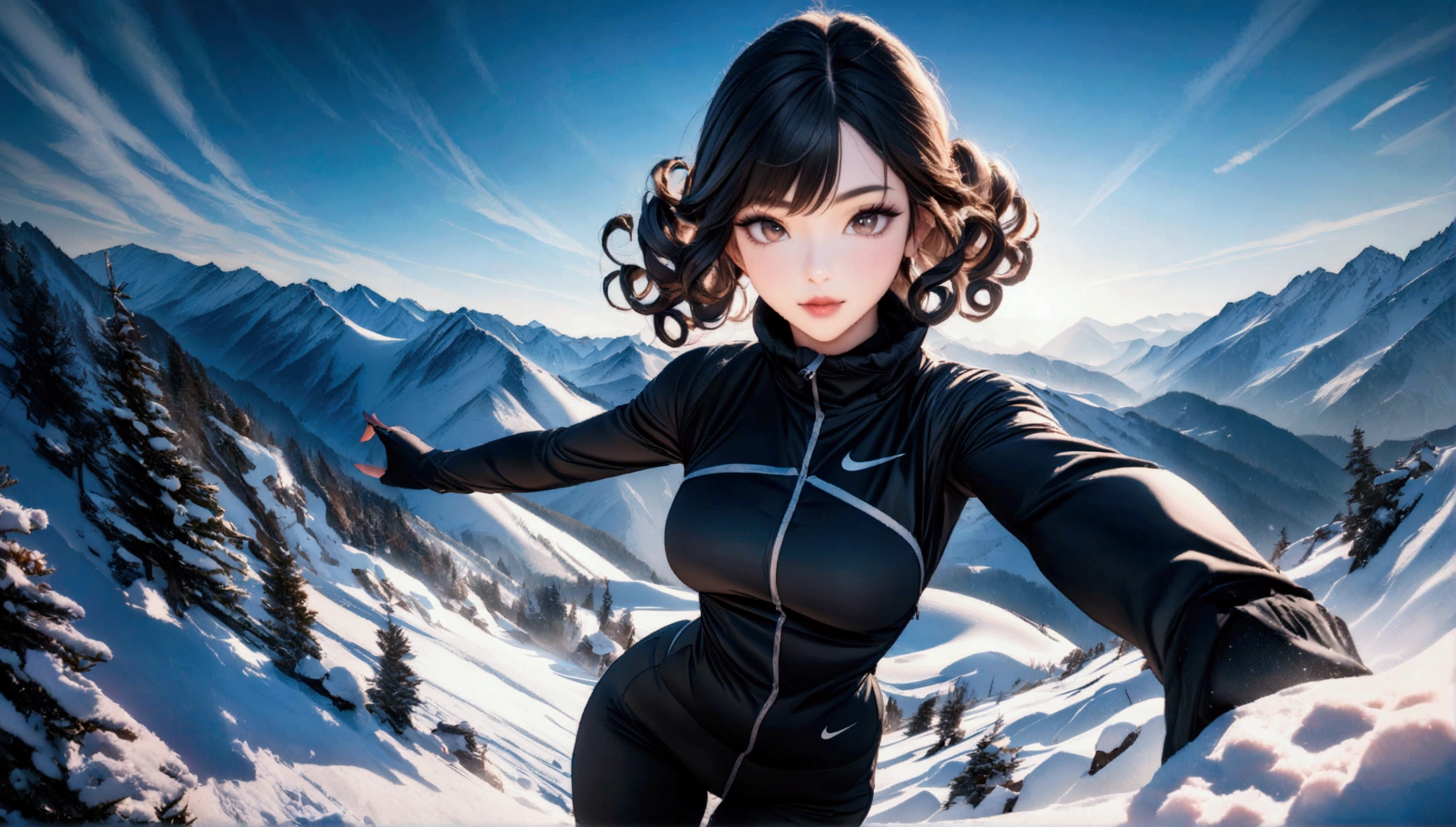 (top-quality, 8k, Masterpiece artwork: 1.3) A photo of a woman with curly black hair, in a dynamic heeled pose, wearing a Nike outfit, in a snowy ski resort during winter, taken with a wide-angle lens, detailed and highly detailed skin, bright lighting of reflected snow
