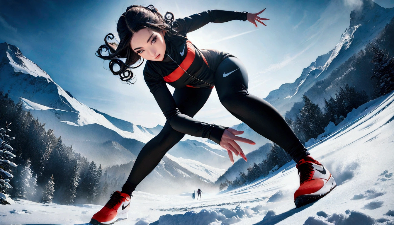 (top-quality, 8k, Masterpiece artwork: 1.3) A photo of a woman with curly black hair, in a dynamic heeled pose, wearing a Nike outfit, in a snowy ski resort during winter, taken with a wide-angle lens, detailed and highly detailed skin, bright lighting of reflected snow