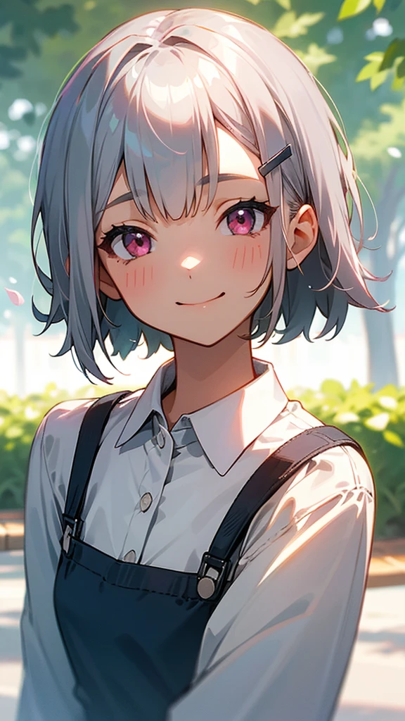 1girl、Short silver bob hair held together with a hair clip, Pink Eyes、Relaxed smile、Laughing with your mouth open、Upper body close-up、Morning Park、Background Blur, The depth of the drawn boundaries