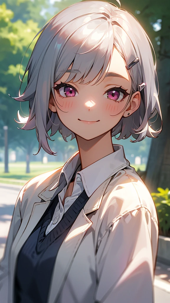 1girl、Short silver bob hair held together with a hair clip, Pink Eyes、Relaxed smile、Laughing with your mouth open、Upper body close-up、Morning Park、Background Blur, The depth of the drawn boundaries