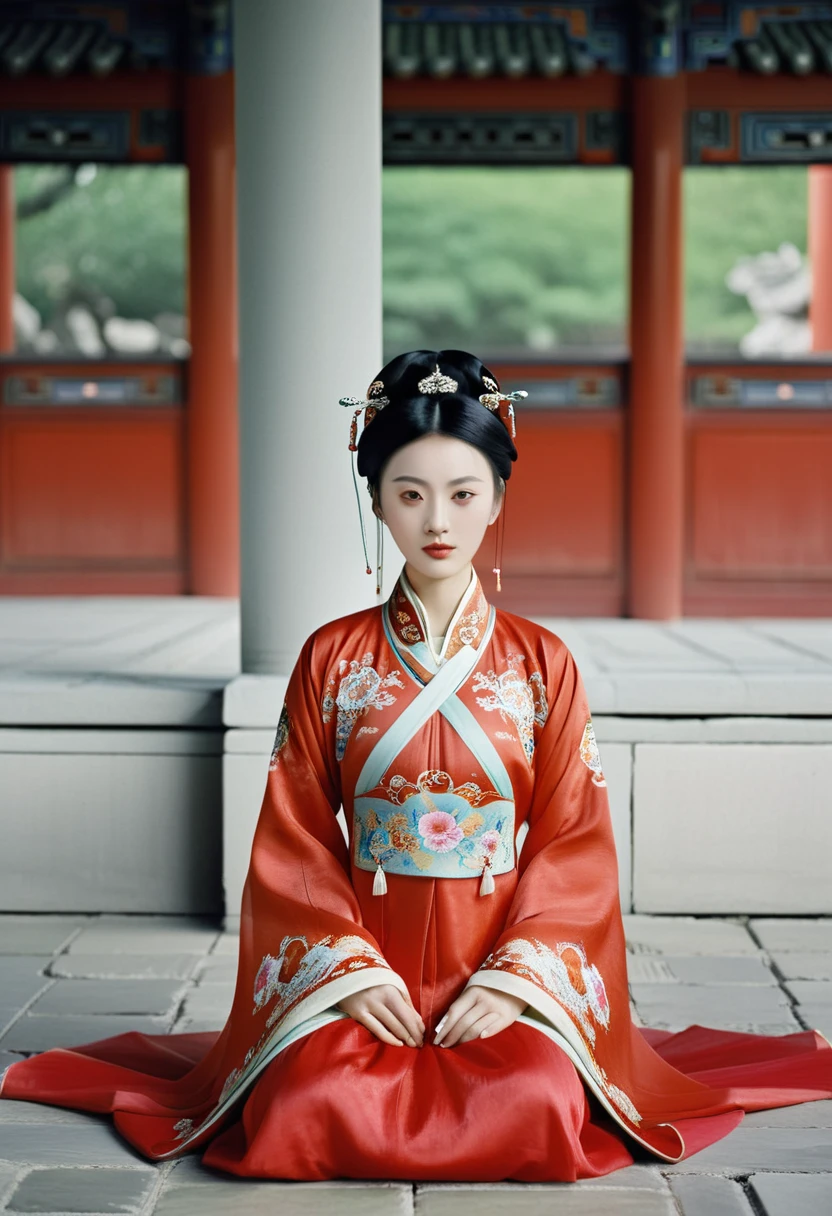 A woman seen from the front, sitting facing forward with her legs apart. A 20-year-old Qing dynasty empress in the Chinese imperial court during the Qing dynasty. The empress is wearing a red Manchu outfit with a floral pattern and is open at the front, revealing her chest, lower abdomen, thighs and feet.。She is wearing no underwear, and her large breasts are exposed, right down to her bare stomach. Her hair is tied up and pulled up, and the background is the stone pavement of the Chinese palace of the Qing Dynasty.