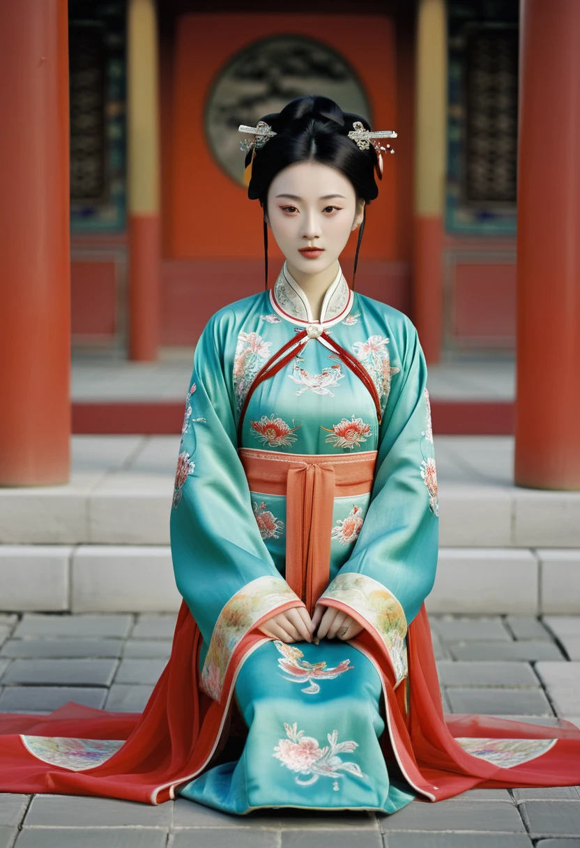 A woman seen from the front, sitting facing forward with her legs apart. A 20-year-old Qing dynasty empress in the Chinese imperial court during the Qing dynasty. The empress is wearing a red Manchu outfit with a floral pattern and is open at the front, revealing her chest, lower abdomen, thighs and feet.。She is wearing no underwear, and her large breasts are exposed, right down to her bare stomach. Her hair is tied up and pulled up, and the background is the stone pavement of the Chinese palace of the Qing Dynasty.