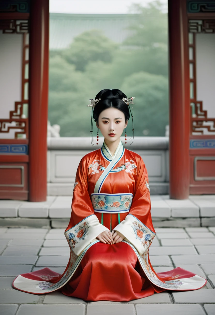 A woman seen from the front, sitting facing forward with her legs apart. A 20-year-old Qing dynasty empress in the Chinese imperial court during the Qing dynasty. The empress is wearing a red Manchu outfit with a floral pattern and is open at the front, revealing her chest, lower abdomen, thighs and feet.。She is wearing no underwear, and her large breasts are exposed, right down to her bare stomach. Her hair is tied up and pulled up, and the background is the stone pavement of the Chinese palace of the Qing Dynasty.