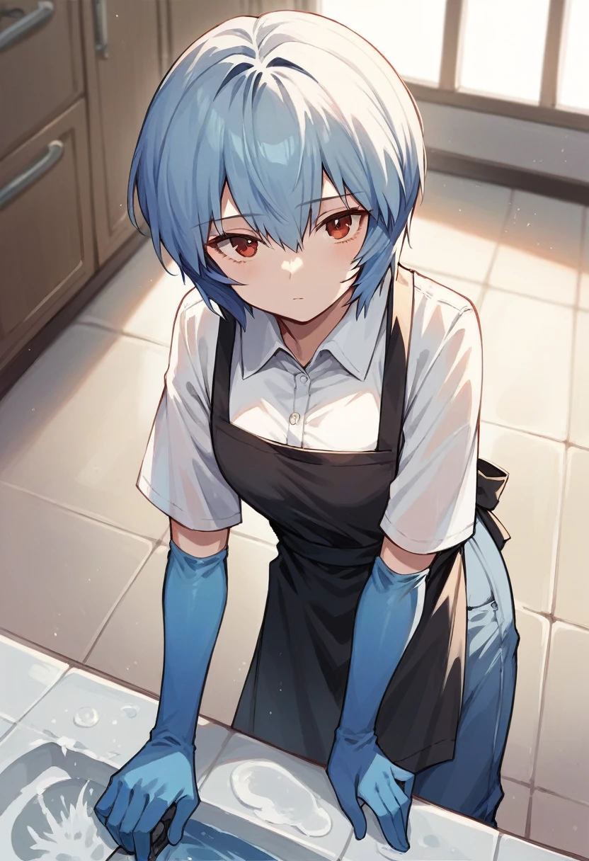 1girl, rei ayanami, ((blue half elbow gloves)), (white shirt), ((long sleeves)), (black apron), (pants), looking at viewer, wash the floor, ((in blue half elbow gloves)), solo
