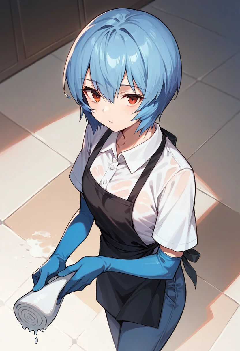 1girl, rei ayanami, ((blue half elbow gloves)), (white shirt), ((long sleeves)), (black apron), (pants), looking at viewer, wash the floor, ((in blue half elbow gloves)), solo