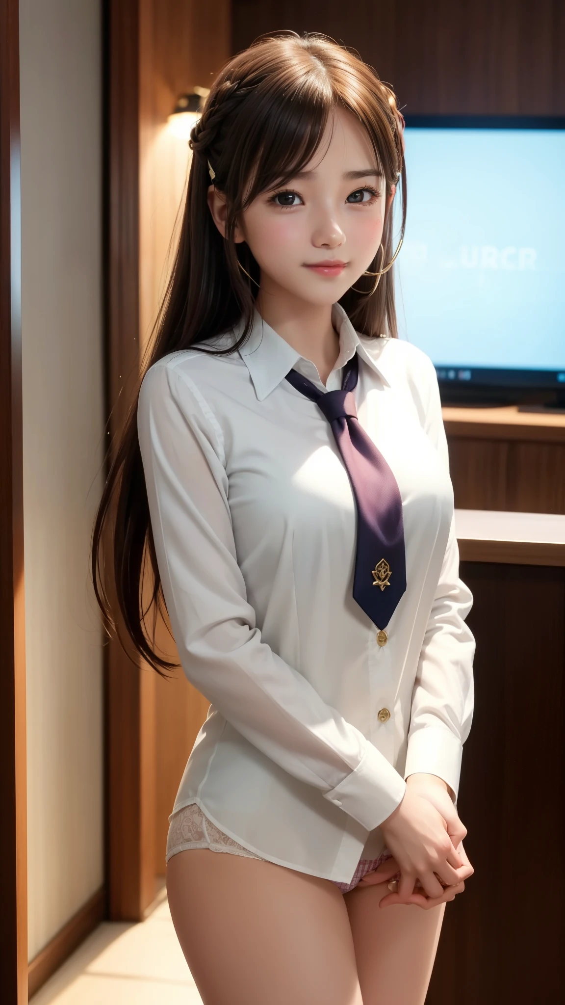 ((Cute OL in a suit、Smile Smile))、One beautiful woman、(Detailed eyes and face:1.2、Professional photography techniques)、Beautiful Hands、Thin legs、(Highest quality:1.2、Highest quality、8k、Ultra high definition)、Official Art、(Moisturizing lips、Cute mouth)、(I can see your underwear:1.3)、Trending on cgstation, Official Art, Whole Body Ezbian、Beautiful office lady、Cool look、(masterpiece:1.2)、(Cinema Lighting)、(complicated)、Brown Hair、(20 year old beautiful girl、、Cute Face)、Gold decoration in hair、naked、Sweat、Beautiful breasts、Chest close-up、(Use a hairpin to hold your bangs in place and show your forehead:1.3)、space、Looking at the audience、blush、Film Grain、chromatic aberration、Focus on the chest、Face Light、Dynamic Lighting、Cinema Lighting、(Cute Ties:1.3、Emma&#39;s name tie:1.2)、(The right move)、(Perfect pose)、(Absolute area:1.2)
