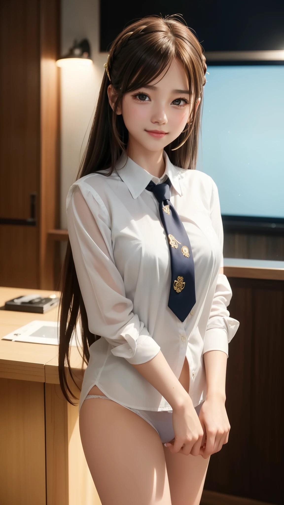 ((Cute OL in a suit、Smile Smile))、One beautiful woman、(Detailed eyes and face:1.2、Professional photography techniques)、Beautiful Hands、Thin legs、(Highest quality:1.2、Highest quality、8k、Ultra high definition)、Official Art、(Moisturizing lips、Cute mouth)、(I can see your underwear:1.3)、Trending on cgstation, Official Art, Whole Body Ezbian、Beautiful office lady、Cool look、(masterpiece:1.2)、(Cinema Lighting)、(complicated)、Brown Hair、(20 year old beautiful girl、Baby Face、Cute Face)、Gold decoration in hair、naked、Sweat、Beautiful breasts、Chest close-up、(Use a hairpin to hold your bangs in place and show your forehead:1.3)、space、Looking at the audience、blush、Film Grain、chromatic aberration、Focus on the chest、Face Light、Dynamic Lighting、Cinema Lighting、(Cute Ties:1.3、Emma&#39;s name tie:1.2)、(The right move)、(Perfect pose)、(Absolute area:1.2)
