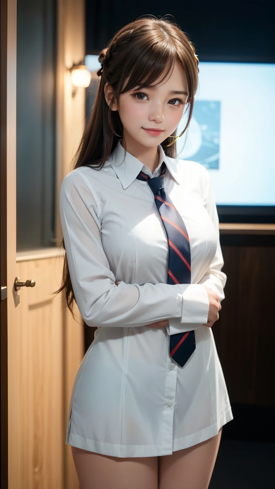 ((Cute OL in a suit、Smile Smile))、One beautiful woman、(Detailed eyes and face:1.2、Professional photography techniques)、Beautiful Hands、Thin legs、(Highest quality:1.2、Highest quality、8k、Ultra high definition)、Official Art、(Moisturizing lips、Cute mouth)、(I can see your underwear:1.3)、Trending on cgstation, Official Art, Whole Body Ezbian、Beautiful office lady、Cool look、(masterpiece:1.2)、(Cinema Lighting)、(complicated)、Brown Hair、(20 year old beautiful girl、Baby Face、Cute Face)、Gold decoration in hair、naked、Sweat、Beautiful breasts、Chest close-up、(Use a hairpin to hold your bangs in place and show your forehead:1.3)、space、Looking at the audience、blush、Film Grain、chromatic aberration、Focus on the chest、Face Light、Dynamic Lighting、Cinema Lighting、(Cute Ties:1.3、Emma&#39;s name tie:1.2)、(The right move)、(Perfect pose)、(Absolute area:1.2)
