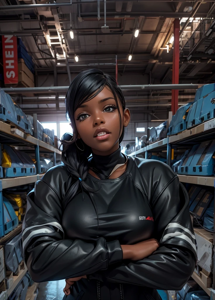 Woman black, high qualiy, Maximum quality, inside a warehouse