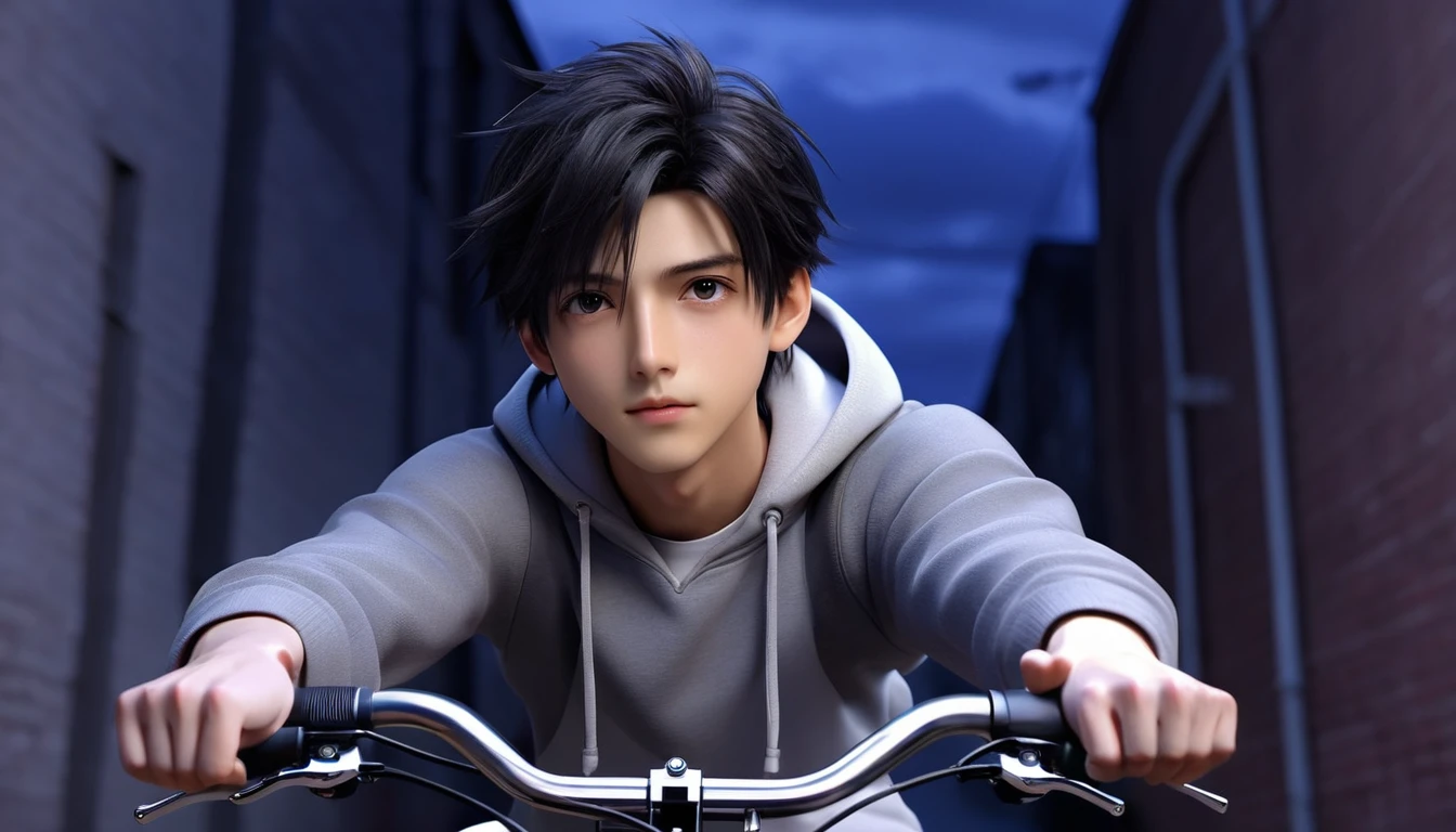 (8k, RAW photos, best quality, masterpiece: 1.4), (((Boy on bike))),Ultra-high resolution, Extremely detailed, light, Upper body close-up, handsome boy, black eyes, (delicate eyes, Eyes are bright:1.2), Black short hair, Fair skin,dark, Grey sweatshirt, sweatshirt with hood,(perfect anatomy:1.2), High-quality shadows, Natural Lighting, (White highlights:1.2), night, cloudy day, (Alley:1.2)