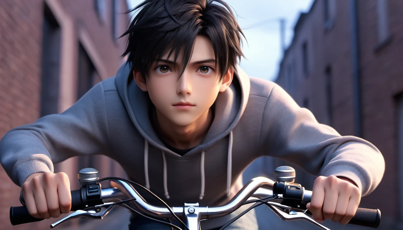 (8k, RAW photos, best quality, masterpiece: 1.4), (((Boy on bike))),Ultra-high resolution, Extremely detailed, light, Upper body close-up, handsome boy, black eyes, (delicate eyes, Eyes are bright:1.2), Black short hair, Fair skin,dark, Grey sweatshirt, sweatshirt with hood,(perfect anatomy:1.2), High-quality shadows, Natural Lighting, (White highlights:1.2), night, cloudy day, (Alley:1.2)