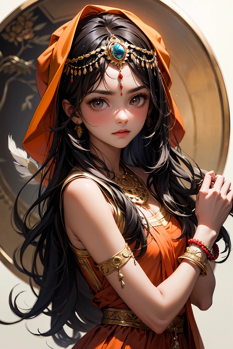 Highly detailed and vibrant digital illustration of a young boy with a serene expression. The has large, expressive brown eyes, blue complexion, and long, wavy dark hair. There is a peacock feather in his yellow turban on his head. small, orange semi circle tilak is prominently placed on the forehead. The is adorned with minimal traditional Indian jewelry. Attire is very simple indian cloth. The blurry background is filled with flower garden, indian temple. The overall composition is harmonious and exudes a sense of peace and divinity.