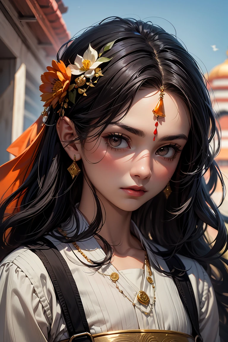 Highly detailed and vibrant digital illustration of a young boy with a serene expression. The  has large, expressive brown eyes, blue complexion, and long, wavy dark hair. There is a peacock feather in his  yellow turban on his head. small, orange semi circle tilak is prominently placed on the forehead. The  is adorned with minimal traditional Indian jewelry. Attire is very simple indian cloth. The blurry background is filled with flower garden, indian temple. The overall composition is harmonious and exudes a sense of peace and divinity.