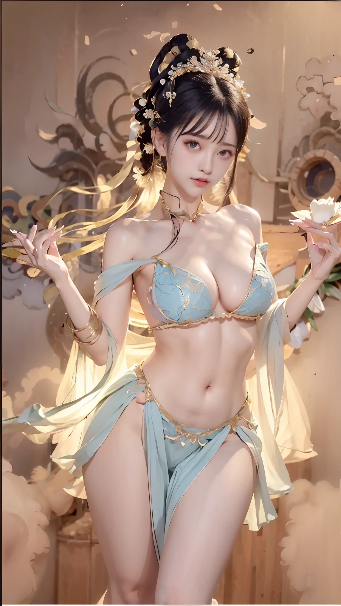 Full body portrait,A beautiful woman,Exquisite jade feet,Messy hair,age Girl,Hair accessories,Jewelry,Very delicate face,eye shadow,Delicate white underwear,Off-shoulder,Crop Topping,Showing belly,Dunhuang style,Many ribbons,Delicate skin,Soft lighting effects,Fine and smooth haine details,eyes highlights,White skin,Detailed characterization,Extreme details,quality,Thin,Slim,Fragmentation,Hair details,Thin bangs,Shawl hair,correct body,shadow,Air bangs,8K,Very detailed,Fine fabric texture,Softness,complacent,Smooth texture,Dunhuang style,Beautiful Pattern,Correct hand drawing,Smile, tsurime, Surrealism, Ray Tracing, Ultra HD, High Detail, Extremely detailed, high resolution, 8K, high quality, High Detail, Textured Skin, precise