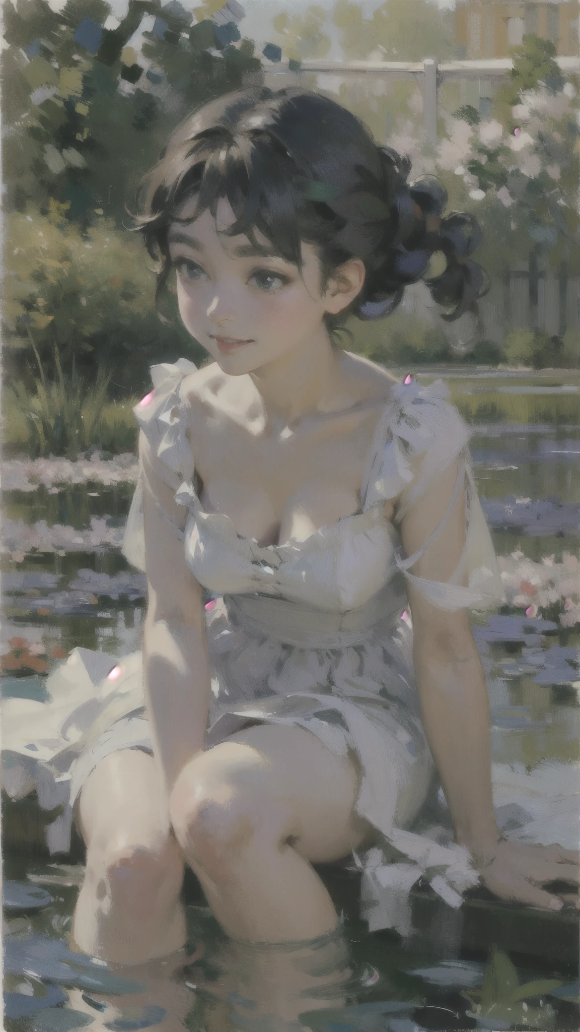 (masterpiece、Highest quality:1.2)、Close-up shot、1 female、Floating above the water、barefoot、ankle、Moderate bust、Black Hair、Braid、smile、pastel colour、Post-Impressionism、oil、(Monet style)、