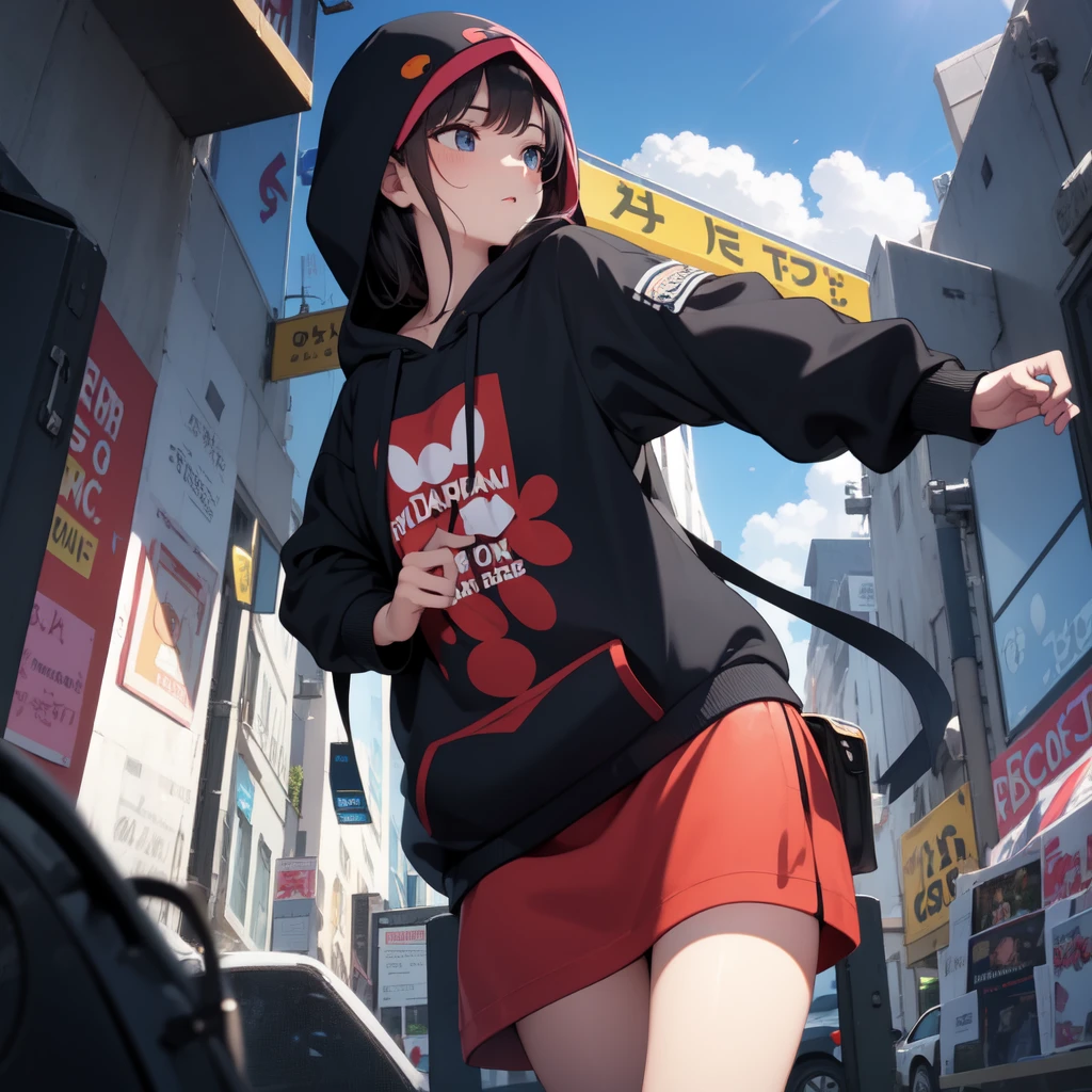 Front view of one woman wearing a hoodie, with the hood over her head