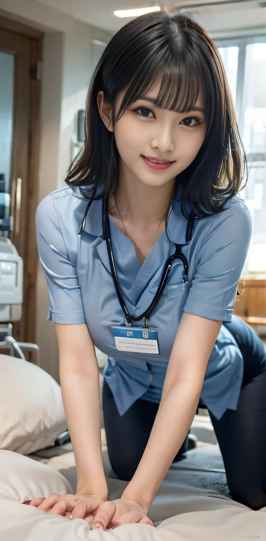 Browsing Caution:1.35、(hospital:1.5)、((On all fours in bed))、Female nurse、Modern Hairstyles、smile、Very huge  bigger than a face:1.85)Women、(24-years-old)、((Super tight uniform))、Trendy pastel color uniforms、(White Stockings)、Nurse shoes、Name tag on chest、Stethoscope from the neck、(Black Hair)、Highest quality、Ultra-high resolution、(Realistic:1.85)、Beautiful Japanese Eyes、Super Beauty、Perfect Style、Perfect balance、Detailed skin、((Delicate photo))，(Detailed RAW photos of girls), (Tabletop:1.25), (Highest quality:1.6), (Ultra-high resolution:1.5), (Realisticです:1.75), 8k resolution, Canon EOS R5, 50mm, Absurd, Very detailed,Cinema Lighting、((Beautiful golden ratio face))