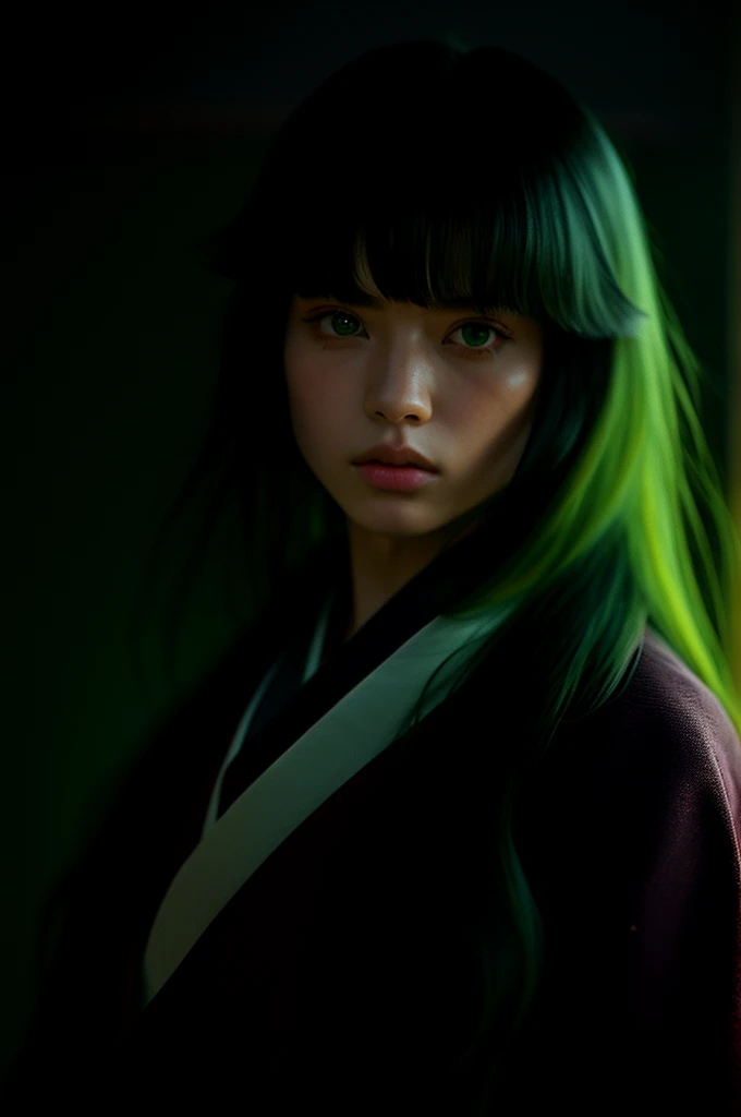 Close-up shot of a woman, with green hair buns and red eyes, wearing a yukata, beautiful lights, cinematic, beautiful proportions, iper-realistic.