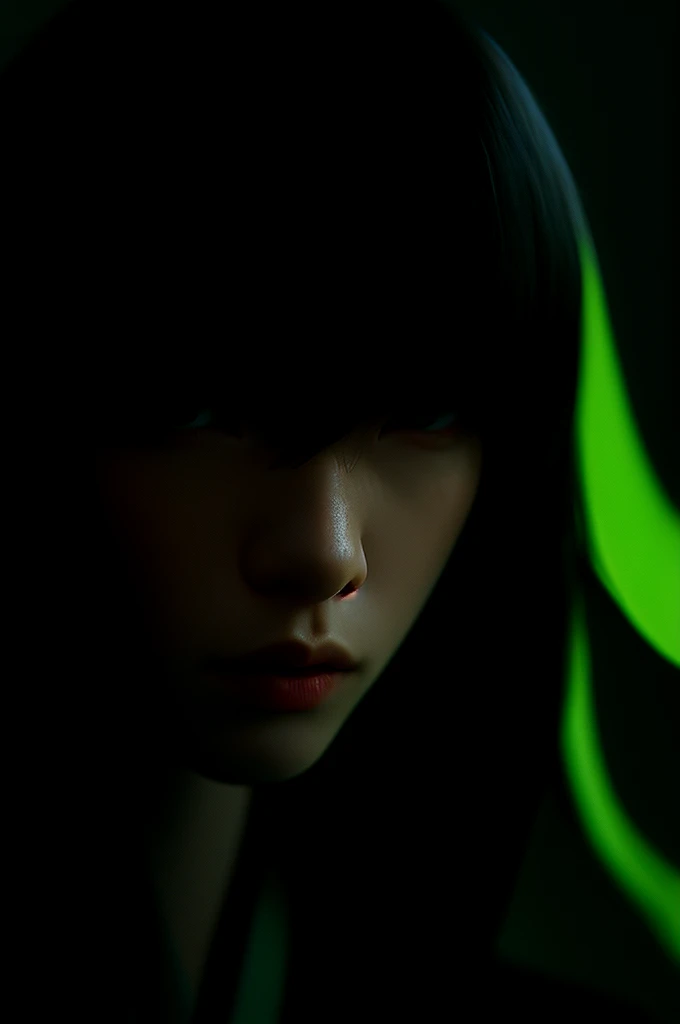 i want the whole image to be created in 3D anime style, solo, long hair, looking at viewer, bangs, black hair, 1boy, hair between eyes, closed mouth, green eyes, male focus, multicolored hair, japanese clothes, lips, eyelashes, portrait, close-up, haori, demon slayer uniform