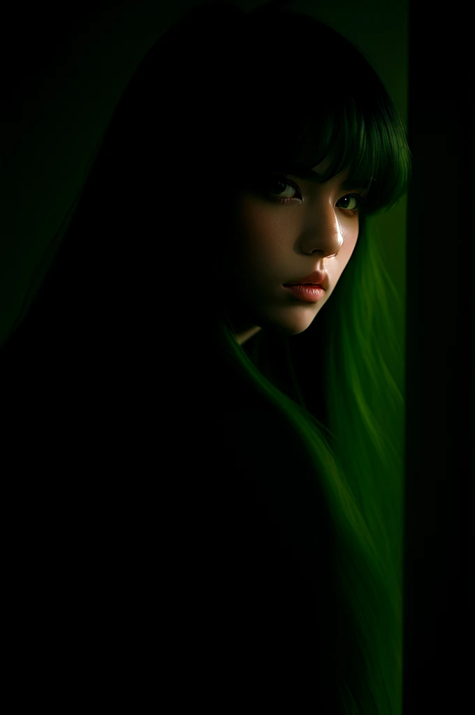 i want the whole image to be created in 3D anime style, solo, long hair, looking at viewer, bangs, black hair, 1boy, hair between eyes, closed mouth, green eyes, male focus, multicolored hair, japanese clothes, lips, eyelashes, portrait, close-up, haori, demon slayer uniform