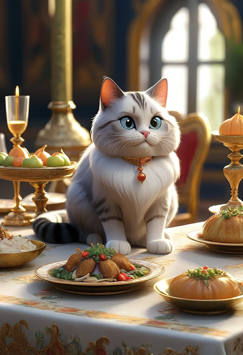 Cat overseeing a royal feast for all cats in the kingdom:"A cat at a long banquet table surrounded by other cats enjoying a feast, with a festive atmosphere and ornate decorations."