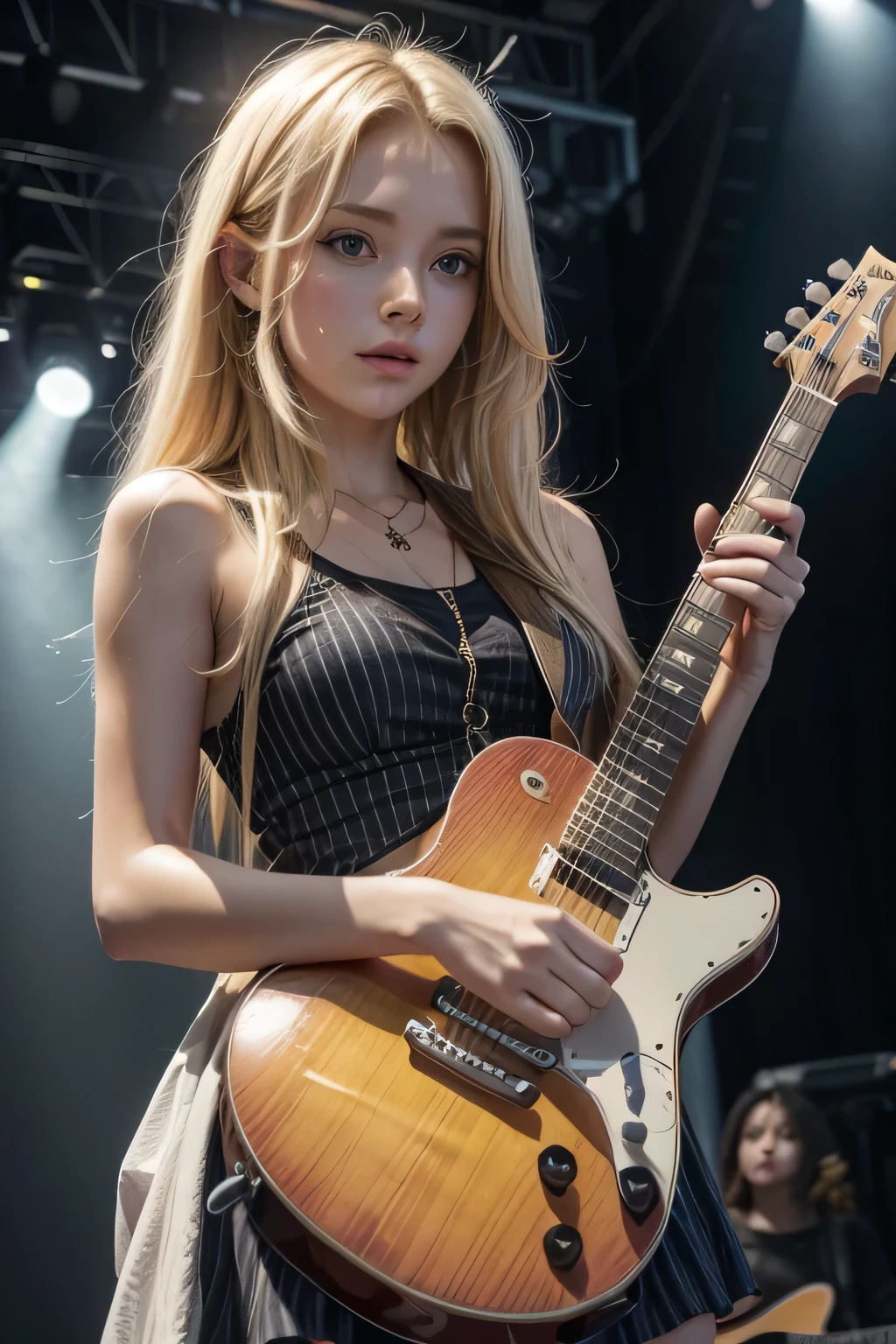 a blonde woman ( @micaela), with a guitar in hand.
in a live show,
on a lit stage,
and large audience.