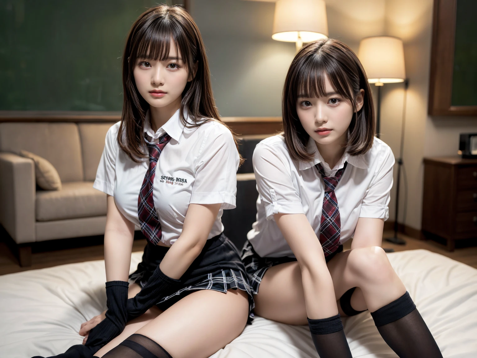 masterpiece, best quality, illustration, Super detailed, fine details, High resolution, 8K,wall paper, perfect dynamic composition,(Details High quality, realistic depiction of eyes:1.3), (2 girls), (white school shirt :1.2), (plaid skirt :1.3), tie black, black thigh-high stockings, sitting, open legs, short bob hair, in a hotel room in the background, deep on field, large breasts, black hair color, Big Natural Color Lip, (perfect body shape), crying a little、Harajuku style、20 year old girl、cute type、beautiful legs, Gravure Idol