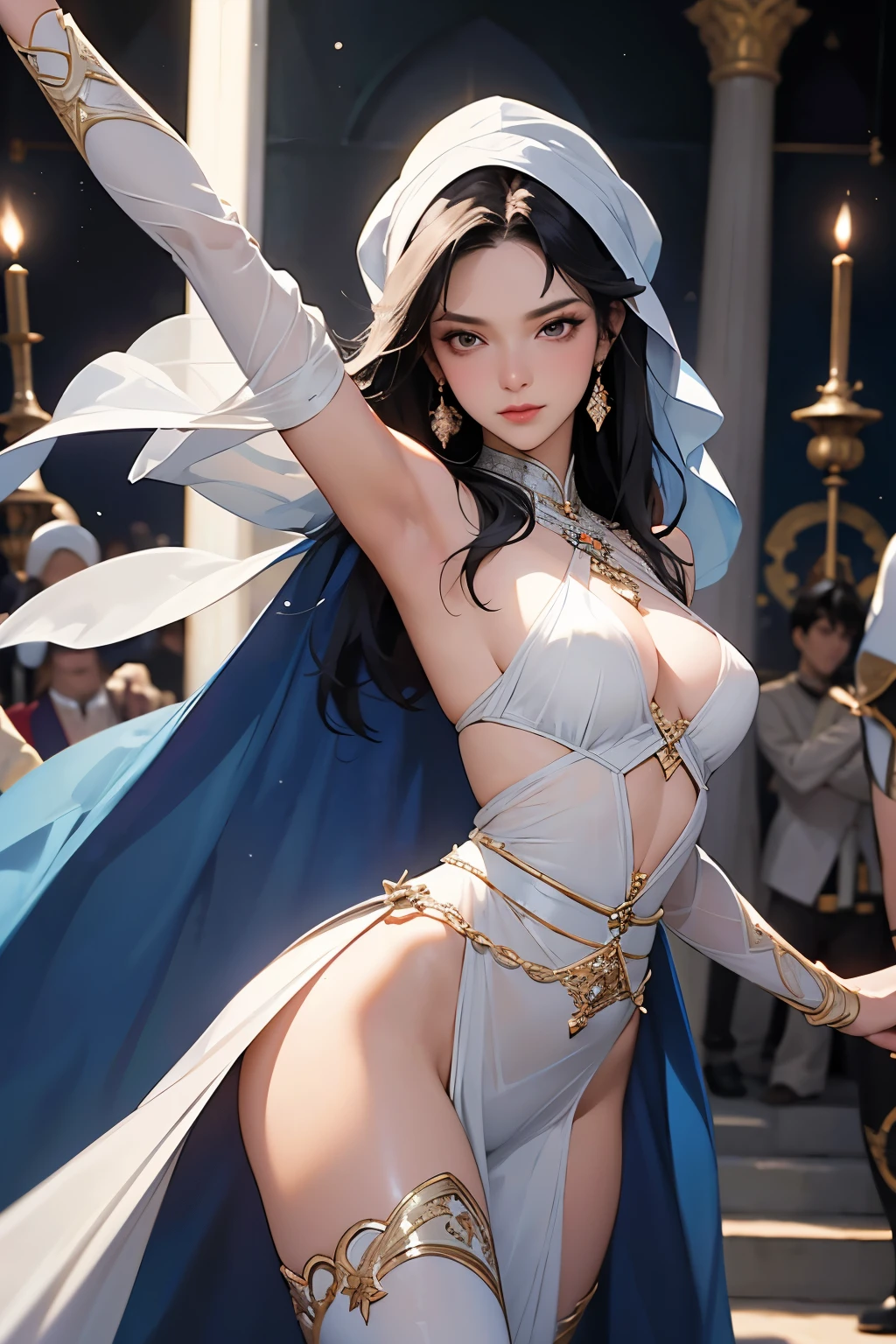 (Arabian Nights)、(A beautiful woman dances with a sword in each hand:1.2)、(Dance of the Sword:1.2)、(The sword is curved like a crescent moon.)、(See-through sexy outfitotion Blur)、Cinematic Light、Soft Light、Soft Focus、Bokeh、RAW Photos、Professional photos、The hustle and bustle in the palace hall、Blur the background、(Highest quality, masterpiece, High resolution)、4K、wallpaper