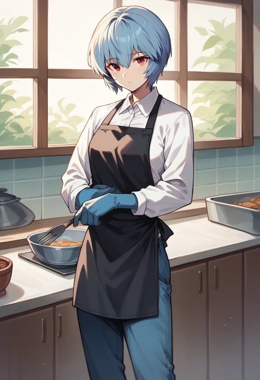 1girl, rei ayanami, ((blue half elbow gloves)), (white shirt), ((long sleeves)), (black apron), (pants), looking at viewer, standing, solo