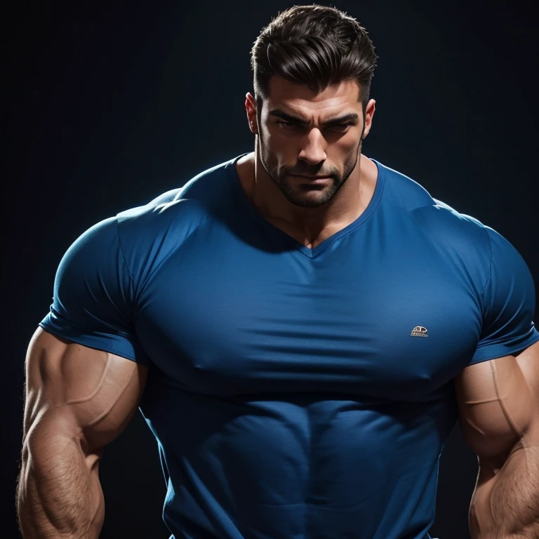 a very handsome, massively muscular man, with massively large muscles, wearing a simple blue shirt, on a black background