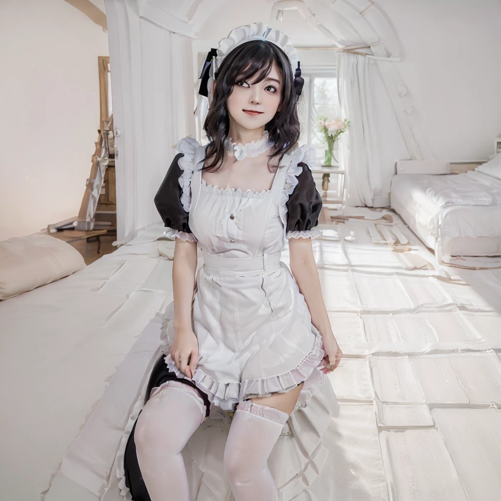 (Highest quality:1.9)、(High resolution)、Live-action image quality、((20-year-old woman、1 person))、Soft lighting by a professional photographer、Natural light、((Very spacious white luxurious room:1.6))、((Bright white room:1.6))、(Standing in front of a very luxurious white bed:1.2)、(White bookshelf background:1.1)、Natural soft light、((Black Hair Color:1.1))、Fair skin、Detailed Eyes、double eyelid、Slightly puffy cheeks、((Small Face:1.0))、(Black lace frilly maid outfit:1.5)、(black maid_cosplay:1.5), (breasts, puffy short sleeves, puffy sleeves, short sleeves, maid headdress, chain, frills, cowboy shot, large breasts, pointy hair, gloves,gothic, gothic maid)、(Cute Smile)、((Girly pose 1.8))、((Curly Hair:1.1))、((Full Body Shot:1.2))、((Height: 165cm))、Hands in front、Holding hands in front of the apron