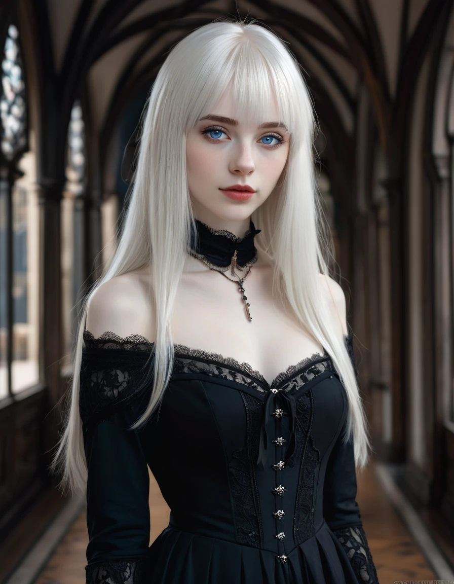 (best quality), 1girl, female, pale skin, white hair, long hair, swept bangs, straight hair, blue eyes, perfect eyes, , slender, flat chest, shy, (gothic clothes), masterpiece, anatomically correct, highres