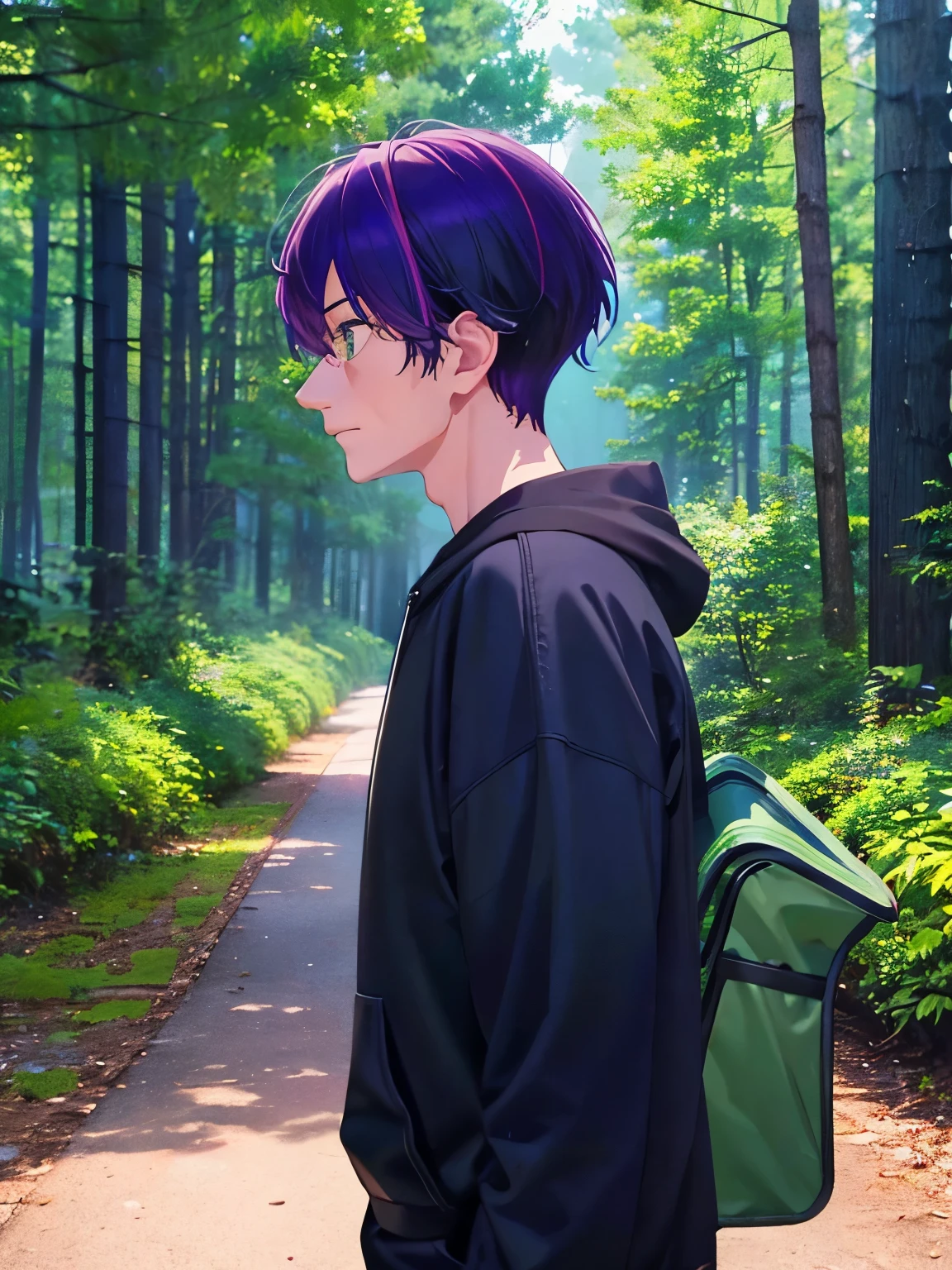 1 old man, 70 years old,Carrying a big bag,Walk in the forest,purple hair,short hair, green eyes, purple mustache,black hoodie, black trousers,,ultra detail, ultra HD, standing,Thin body,half body photo,Facing right, camera angle from the side, photo from the side, looking away,