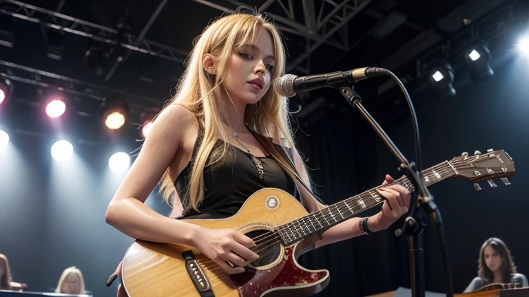 a blonde woman ( @micaela), with a guitar in hand.
in a live show,
on a lit stage,
and large audience.