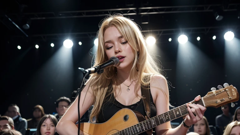 a blonde woman ( @micaela), with a guitar in hand.
in a live show,
on a lit stage,
and large audience.