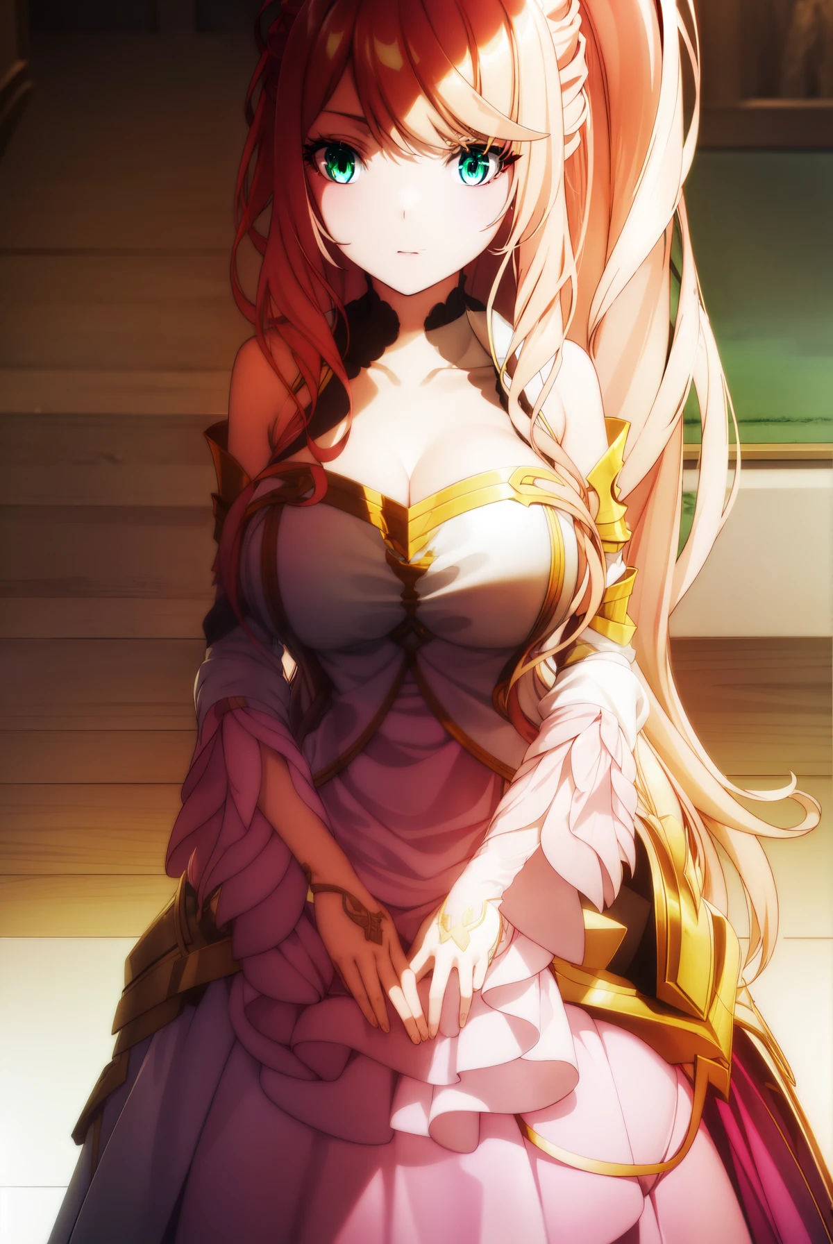 lexiavonarselia, lexia von arselia, long hair, blonde hair, (green eyes:1.5), ponytail, pink hair, (((big breast))), large breast, BREAK dress, bare shoulders, detached sleeves, white dress, BREAK looking at viewer, full body, (masterpiece:1.2), best quality, high resolution, unity 8k wallpaper, (illustration:0.8), (beautiful detailed eyes:1.6), extremely detailed face, perfect lighting, extremely detailed CG, (perfect hands, perfect anatomy),
