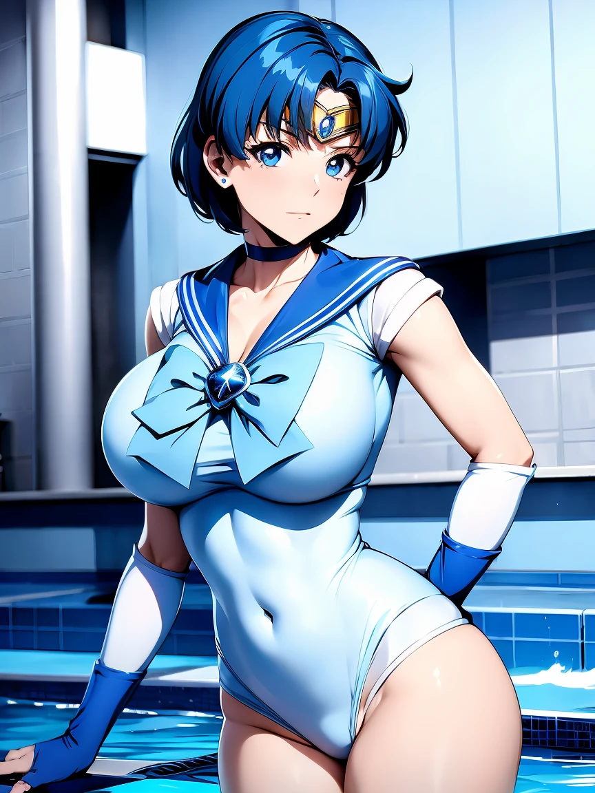 Sailor Mercury in police uniform,Long Blue Hair,blue power ranger, Hurricane ,セクシーなゴス女性のLarge Breasts, Character Sheet,In the pool,High resolution, Large Breasts, 