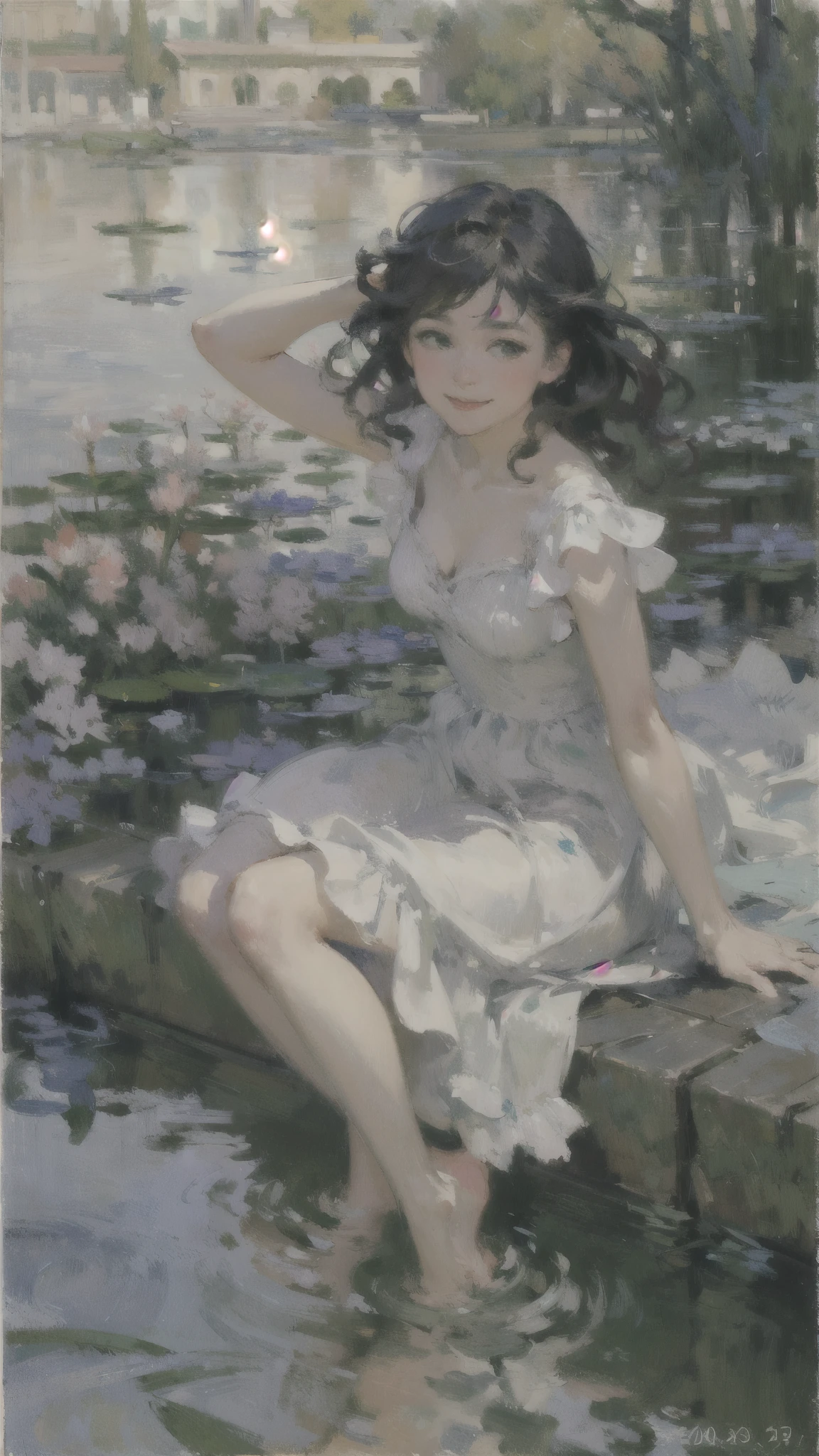 (masterpiece、Highest quality:1.2)、Close-up shot、1 female、Floating above the water、barefoot、ankle、Moderate bust、Black Hair、Wavy Hair、smile、pastel colour、Post-Impressionism、oil、(Monet style)、